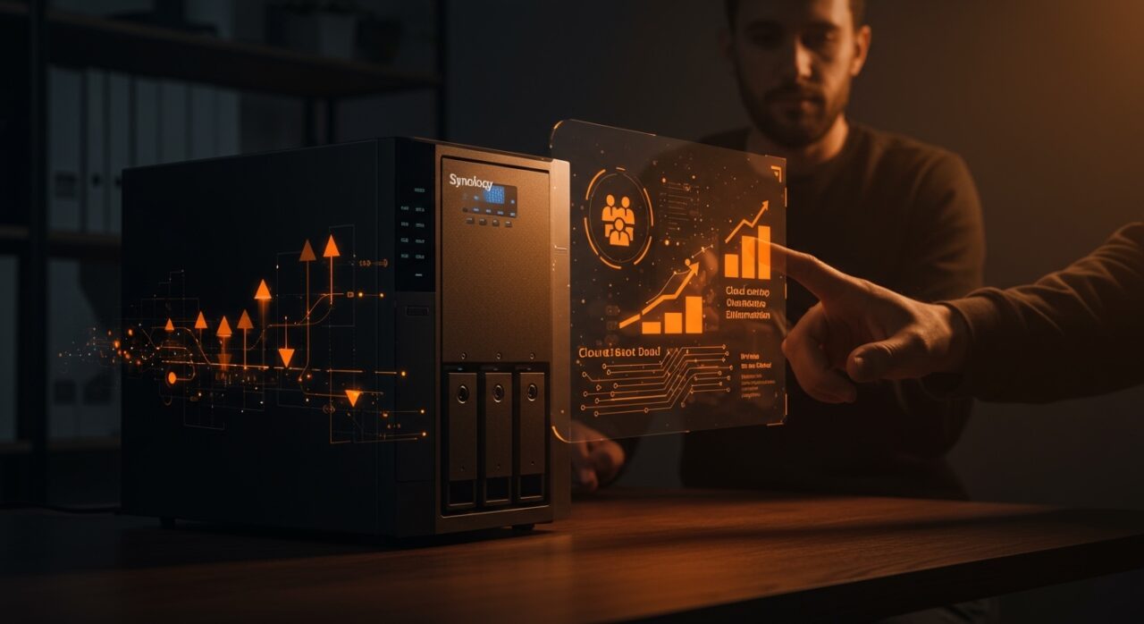 NAS doméstico Synology DS224+ en oficina moderna simbolizando ahorro de costes y control de datos sin suscripción cloud para startups.