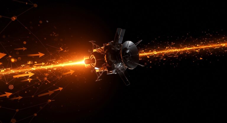 Imagen cinematográfica de la Voyager 1 apagando su instrumento LECP para optimizar energía y extender su misión según la estrategia Big Bang de la NASA.