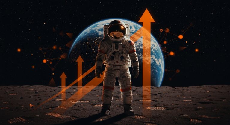 Astronauta de la misión Artemis II de la NASA en la luna con elementos visuales de innovación tecnológica para founders tech de LATAM.