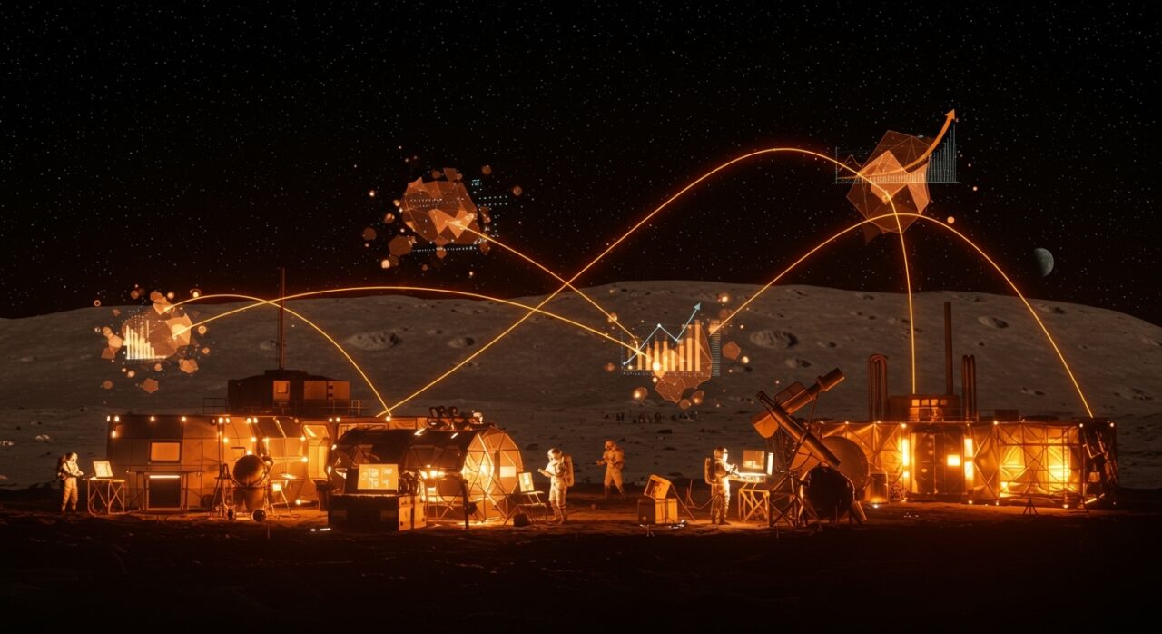 Base lunar futurista con emprendedores y tecnología espacial destacando oportunidades para startups y colaboración industrial en el proyecto NASA Ignition.