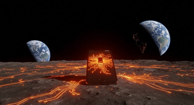 iPhone 17 Pro en la superficie lunar durante la misión Artemis II de la NASA, simbolizando la innovación en tecnología de consumo aplicada a la exploración espacial.