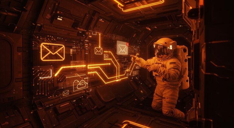 Astronauta interactuando con interfaz digital de email en misión espacial, ilustrando desafíos tecnológicos de NASA y comunicación en el espacio.