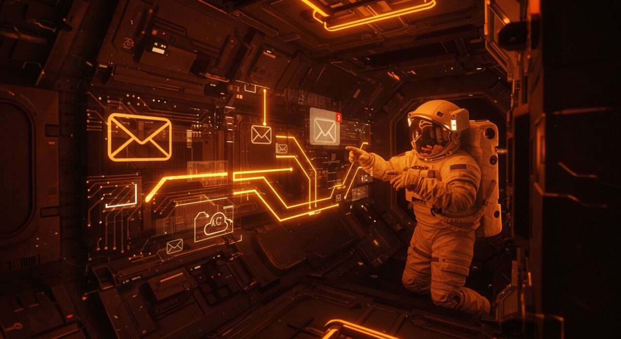 Astronauta interactuando con interfaz digital de email en misión espacial, ilustrando desafíos tecnológicos de NASA y comunicación en el espacio.