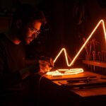 Artista de neón Nate Sheaffer creando una obra artesanal iluminada, simbolizando emprendimiento creativo y preservación artesanal en industrias disruptivas.