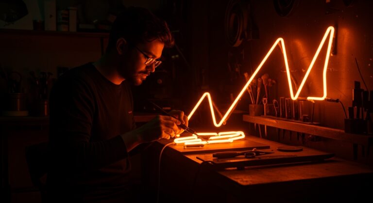 Artista de neón Nate Sheaffer creando una obra artesanal iluminada, simbolizando emprendimiento creativo y preservación artesanal en industrias disruptivas.