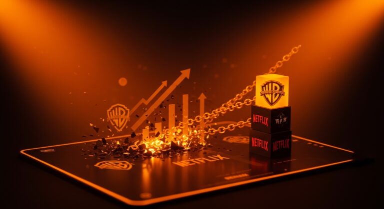 Netflix fortaleciendo sus franquicias propias tras dejar el catálogo de Warner Bros, simbolizando su estrategia de crecimiento en streaming en 2026.