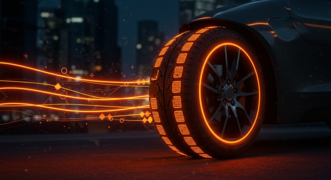 Neumáticos piezoeléctricos generando energía renovable para movilidad eléctrica sostenible en ciudad urbana.