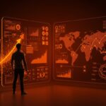 Fundador de startup frente a panel digital mostrando automatización IT y expansión internacional en crecimiento SaaS.