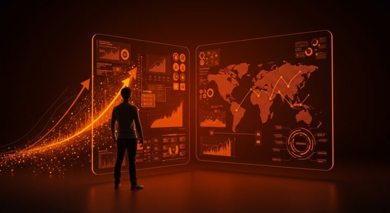 Fundador de startup frente a panel digital mostrando automatización IT y expansión internacional en crecimiento SaaS.