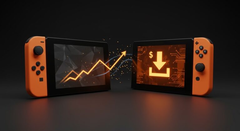 Comparativa visual entre precio digital y físico de juegos Nintendo Switch 2 con metáforas de tendencias de mercado y distribución digital.