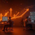Founders no-code y programadores colaborando para escalar startups en 2026, mostrando la combinación ganadora entre no-code y código tradicional.