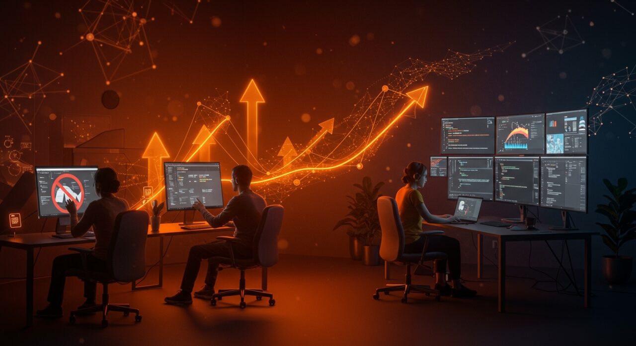 Founders no-code y programadores colaborando para escalar startups en 2026, mostrando la combinación ganadora entre no-code y código tradicional.