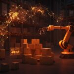 Robótica e inteligencia artificial automatizando un almacén moderno impulsando la logística eficiente y financiación startup.