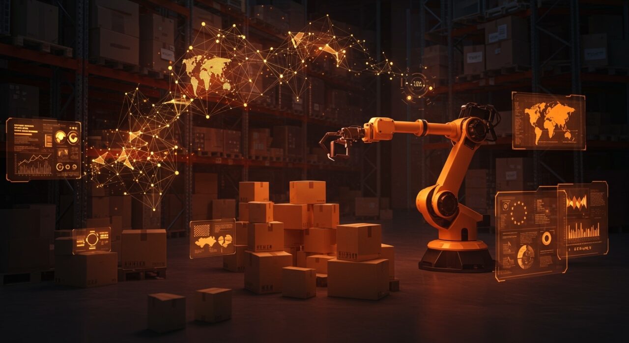 Robótica e inteligencia artificial automatizando un almacén moderno impulsando la logística eficiente y financiación startup.