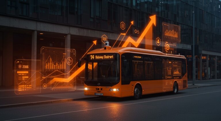 Autobús autónomo nivel 4 de Noruega en un entorno urbano moderno, destacando innovación y oportunidades para startups de movilidad.