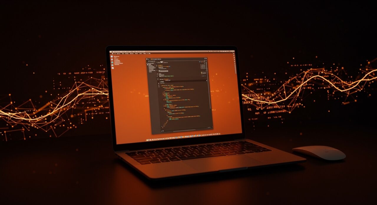 Notepad++ versión nativa para macOS en un entorno moderno con iluminación naranja y negra, simbolizando software libre y programación multiplataforma en startups.