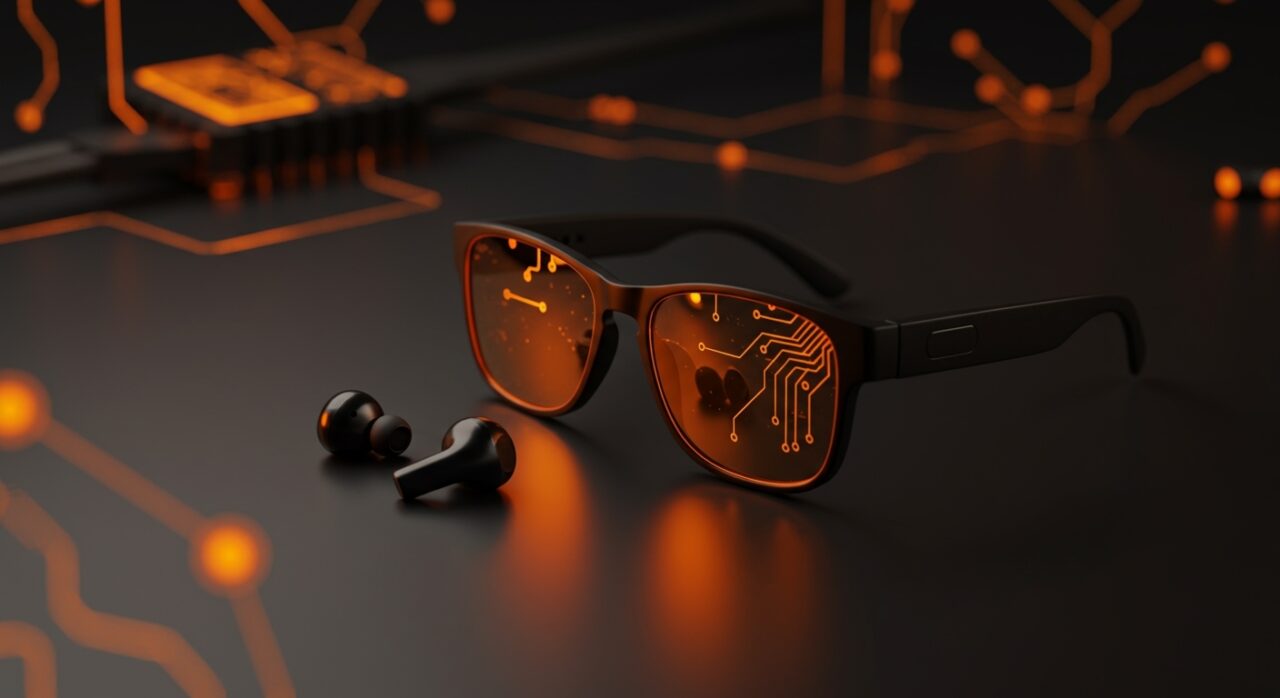 Gafas inteligentes y auriculares AI en tecnología wearable destacando innovación en hardware tech y tendencias de inteligencia artificial.