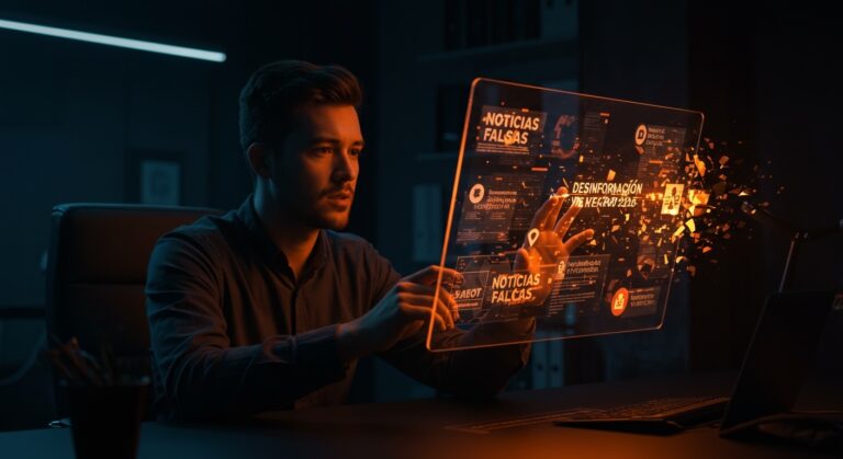 Detección de noticias falsas en 2026 mediante herramientas de verificación en startups tecnológicas, imagen editorial en paleta naranja y negro.