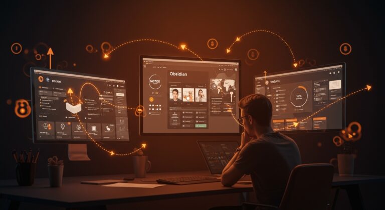 Comparativa visual de Notion, Obsidian y Todoist para founders, destacando productividad y gestión en startups.