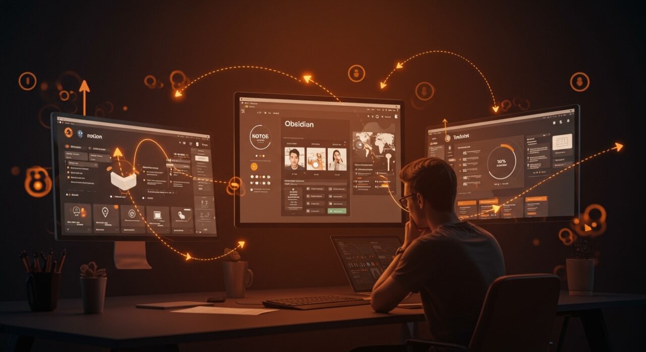 Comparativa visual de Notion, Obsidian y Todoist para founders, destacando productividad y gestión en startups.
