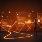 Interfaz digital futurista mostrando URLs y hosting sin servidor, destacando privacidad online y tecnología para founders en el ecosistema startup.