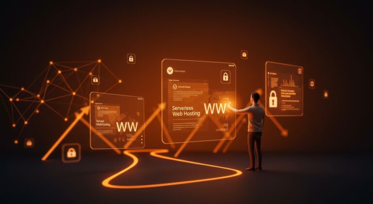 Interfaz digital futurista mostrando URLs y hosting sin servidor, destacando privacidad online y tecnología para founders en el ecosistema startup.