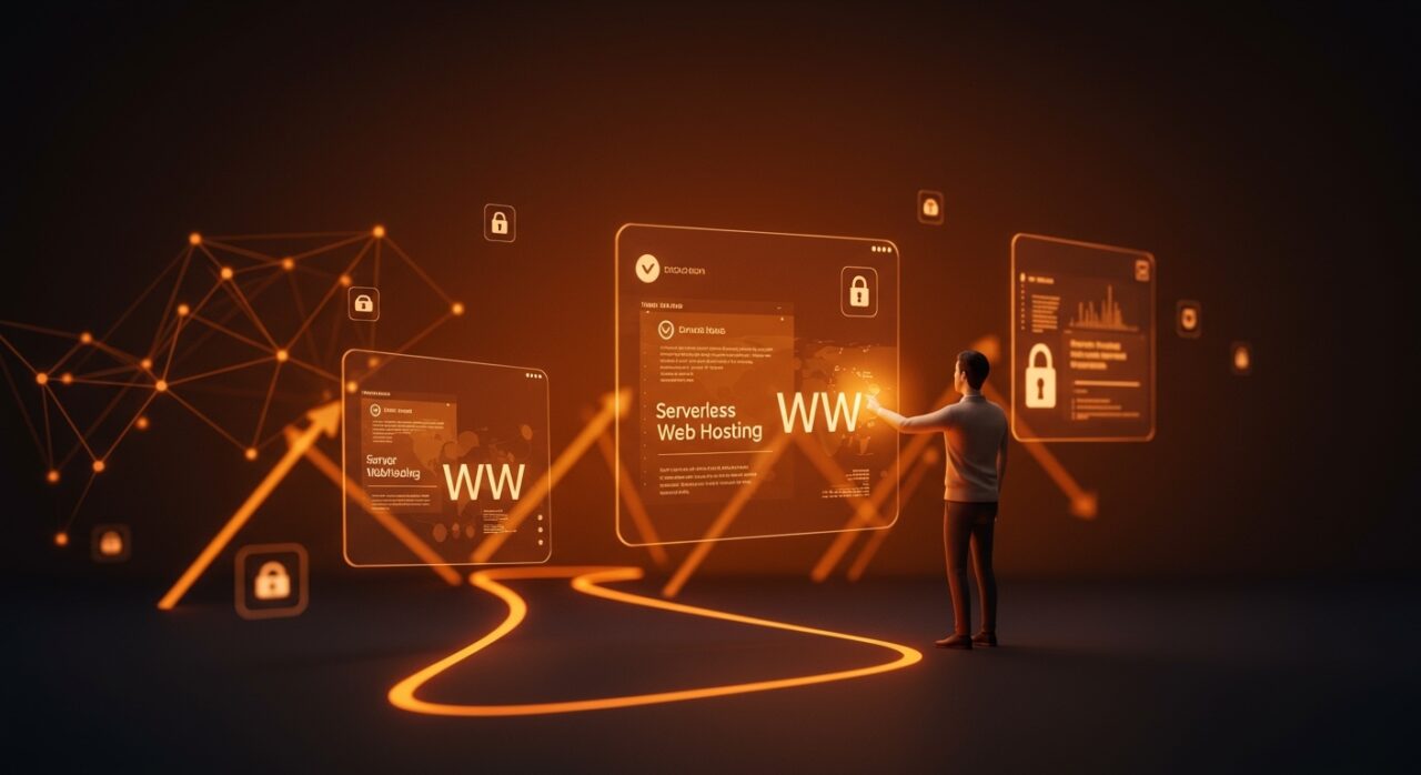 Interfaz digital futurista mostrando URLs y hosting sin servidor, destacando privacidad online y tecnología para founders en el ecosistema startup.