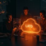 Fundadores de startups colaborando con interfaces digitales de nube e inteligencia artificial, destacando procesos cloud y automatización en negocios LATAM.
