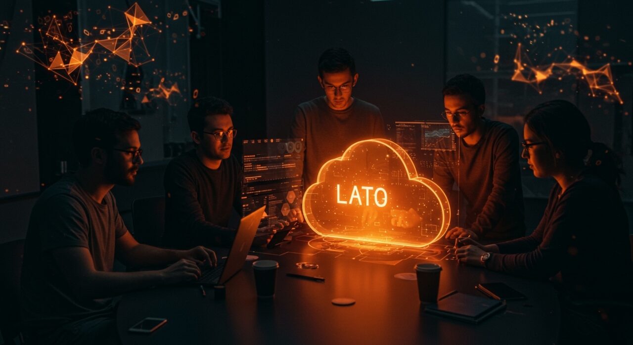 Fundadores de startups colaborando con interfaces digitales de nube e inteligencia artificial, destacando procesos cloud y automatización en negocios LATAM.