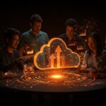 Fundadores latinoamericanos colaborando con interfaces holográficas de nube e inteligencia artificial, ilustrando la competitividad digital y tendencias tecnológicas en LATAM 2026.