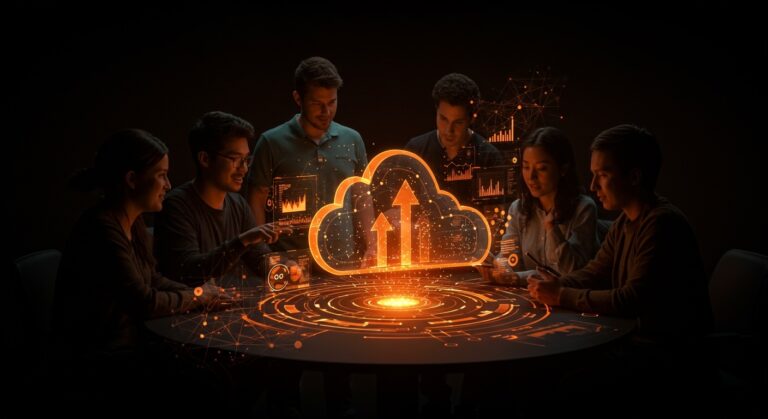 Fundadores latinoamericanos colaborando con interfaces holográficas de nube e inteligencia artificial, ilustrando la competitividad digital y tendencias tecnológicas en LATAM 2026.