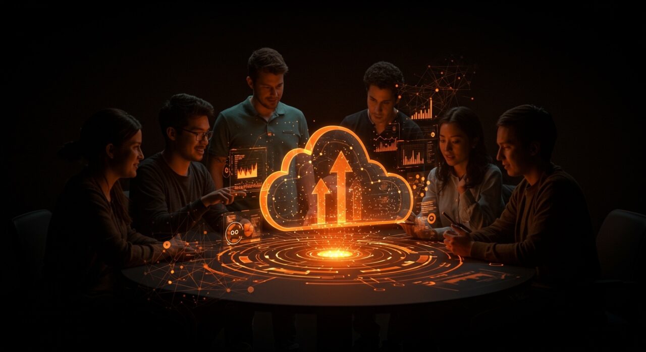 Fundadores latinoamericanos colaborando con interfaces holográficas de nube e inteligencia artificial, ilustrando la competitividad digital y tendencias tecnológicas en LATAM 2026.