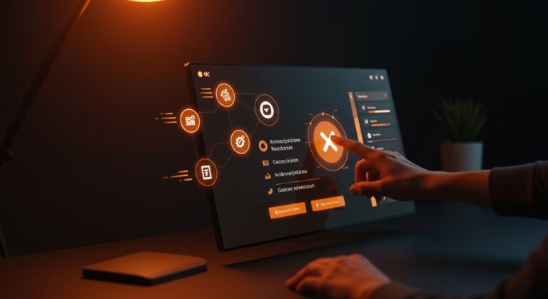 Interfaz digital que facilita la cancelación de suscripciones y reembolsos en el entorno de startups y modelos SaaS, con estética naranja y negra de Ecosistema Startup.