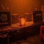 Retrato editorial que muestra el cuello de botella en exportaciones de chips IA de NVIDIA y AMD debido a regulaciones del BIS afectando pedidos por 8.000 millones.