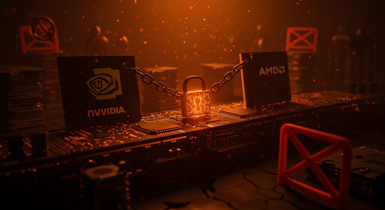 Retrato editorial que muestra el cuello de botella en exportaciones de chips IA de NVIDIA y AMD debido a regulaciones del BIS afectando pedidos por 8.000 millones.