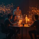 Profesionales tecnológicos colaborando con agentes autónomos de IA empresarial en una interfaz digital futurista, impulsando la innovación en startups tech.