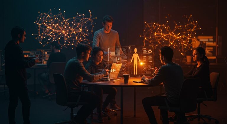 Profesionales tecnológicos colaborando con agentes autónomos de IA empresarial en una interfaz digital futurista, impulsando la innovación en startups tech.