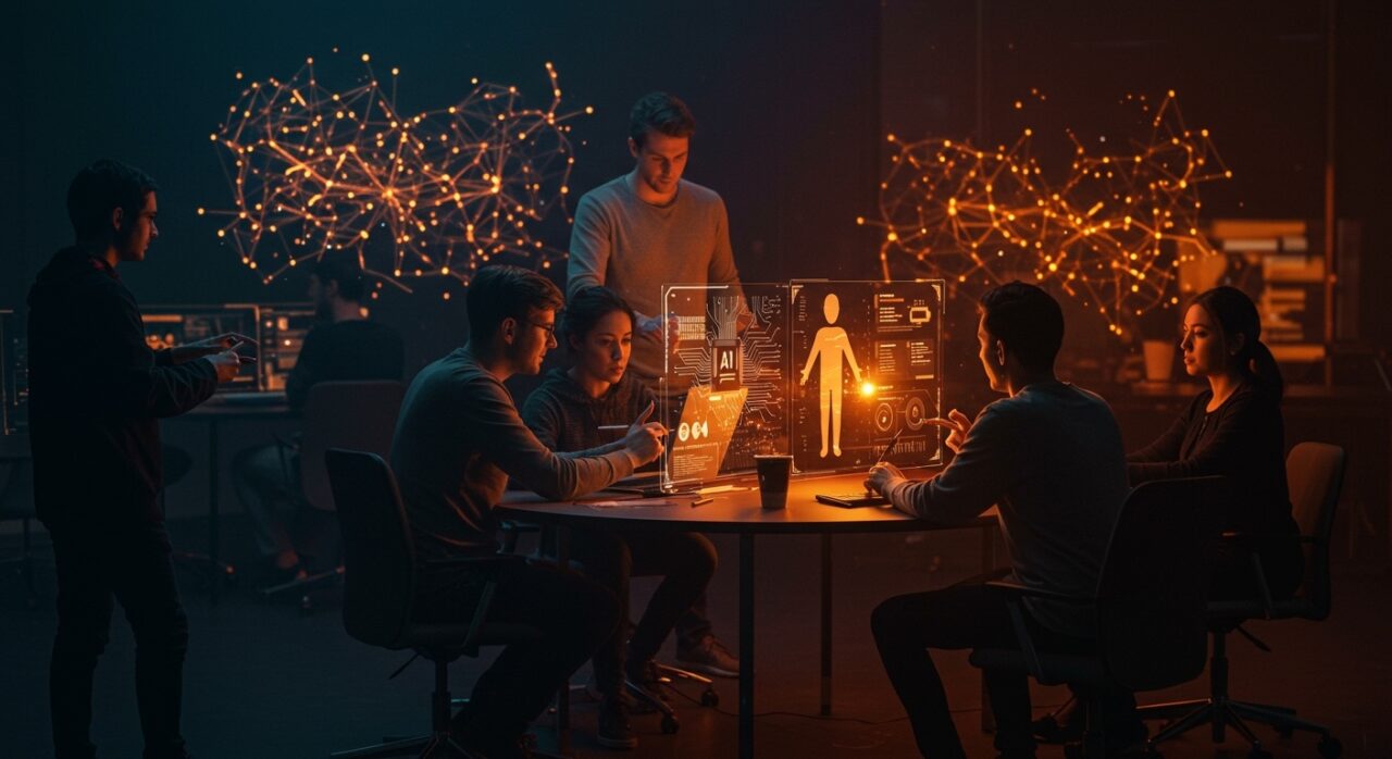 Profesionales tecnológicos colaborando con agentes autónomos de IA empresarial en una interfaz digital futurista, impulsando la innovación en startups tech.