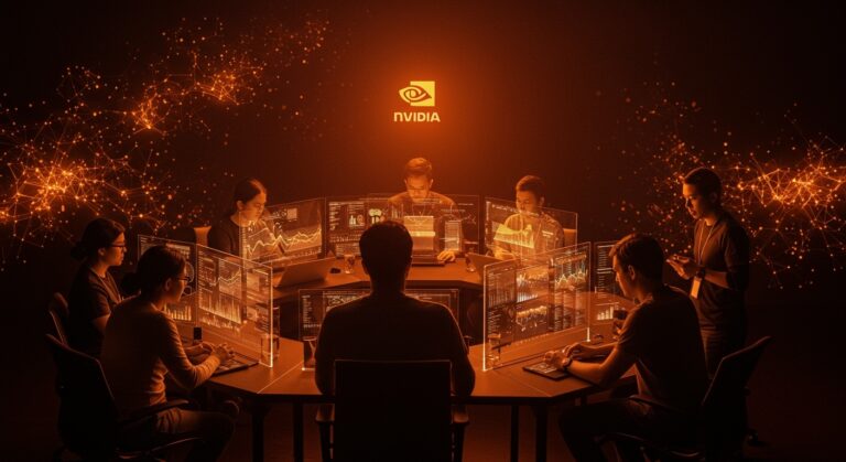 Startups IA colaborando en un entorno tecnológico avanzado con inversión de NVIDIA y NVentures impulsando ecosistema de founders LATAM.