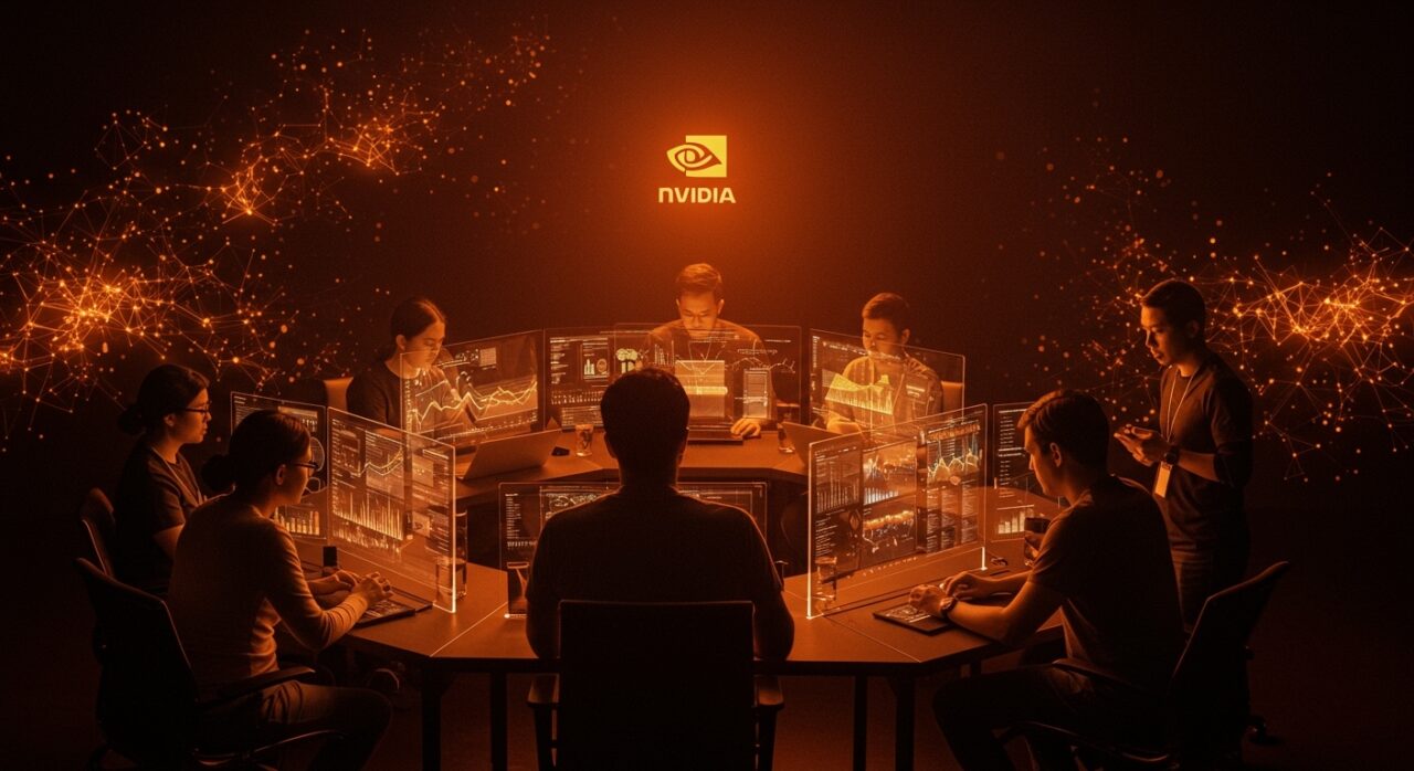 Startups IA colaborando en un entorno tecnológico avanzado con inversión de NVIDIA y NVentures impulsando ecosistema de founders LATAM.