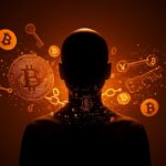 Representación visual de Adam Back como posible Satoshi Nakamoto con símbolos de bitcoin, blockchain y criptografía en un estilo editorial cinematográfico.