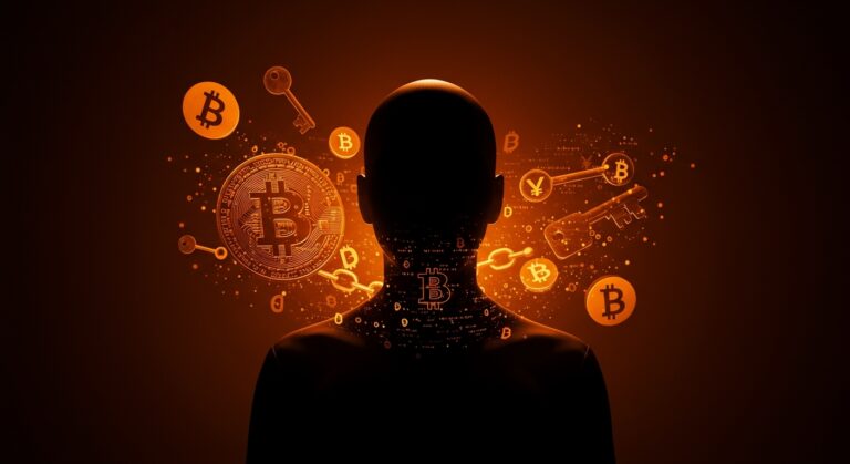 Representación visual de Adam Back como posible Satoshi Nakamoto con símbolos de bitcoin, blockchain y criptografía en un estilo editorial cinematográfico.