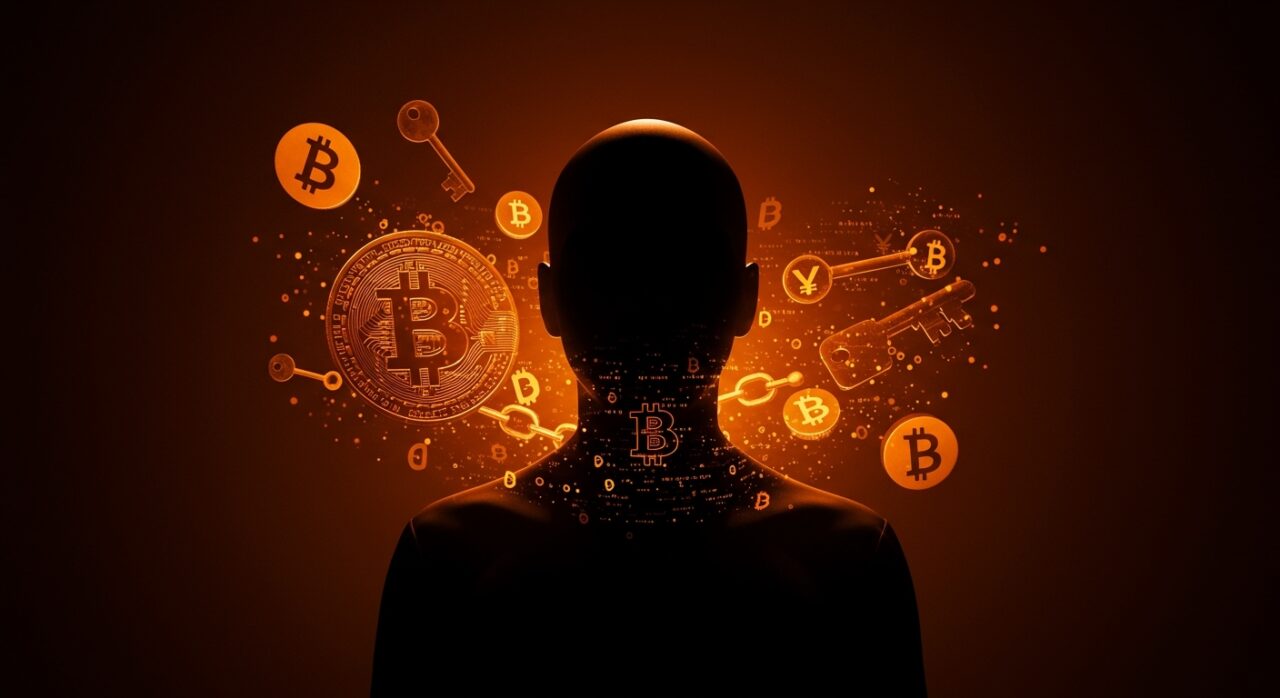 Representación visual de Adam Back como posible Satoshi Nakamoto con símbolos de bitcoin, blockchain y criptografía en un estilo editorial cinematográfico.