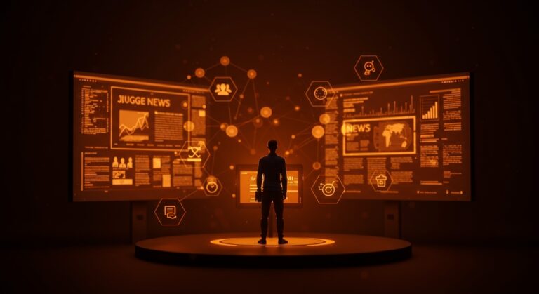 Figura de periodista frente a interfaz digital evaluando noticias con IA, simbolizando ética mediática y startups tecnológicas.