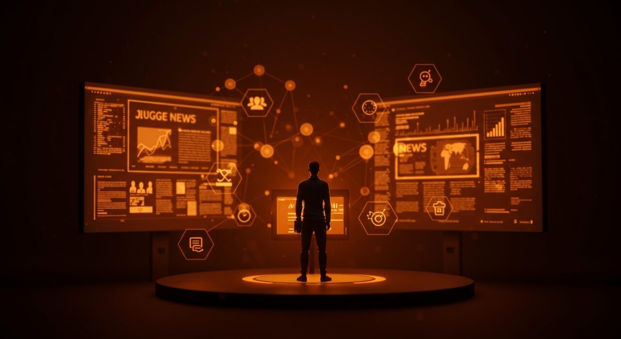 Figura de periodista frente a interfaz digital evaluando noticias con IA, simbolizando ética mediática y startups tecnológicas.