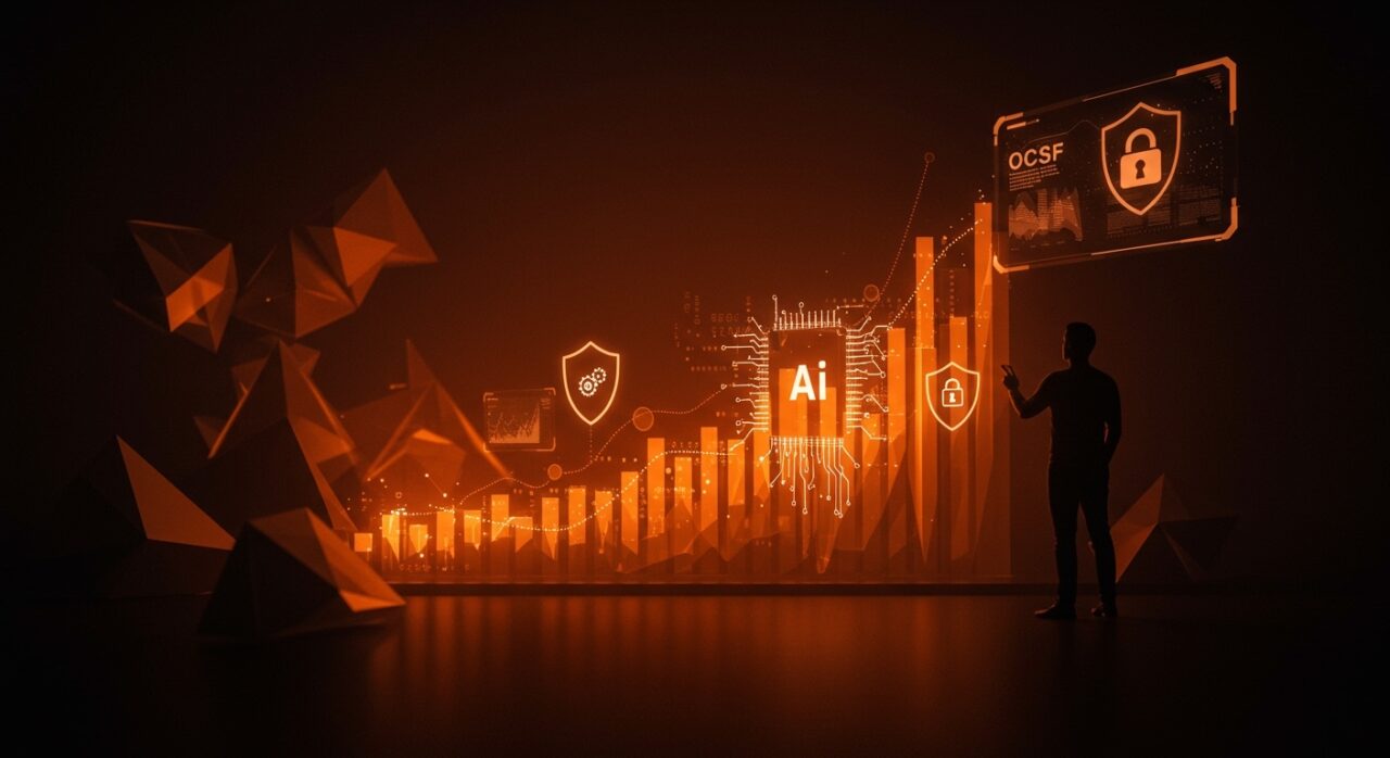 Seguridad y interoperabilidad para startups con IA representada por fundador frente a interfaz digital y símbolos de ciberseguridad OCSF en tonos naranja y negro.