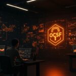 Equipo de startup tech analizando datos de seguridad con el estándar OCSF destacado, simbolizando la seguridad informática y la IA aplicada.