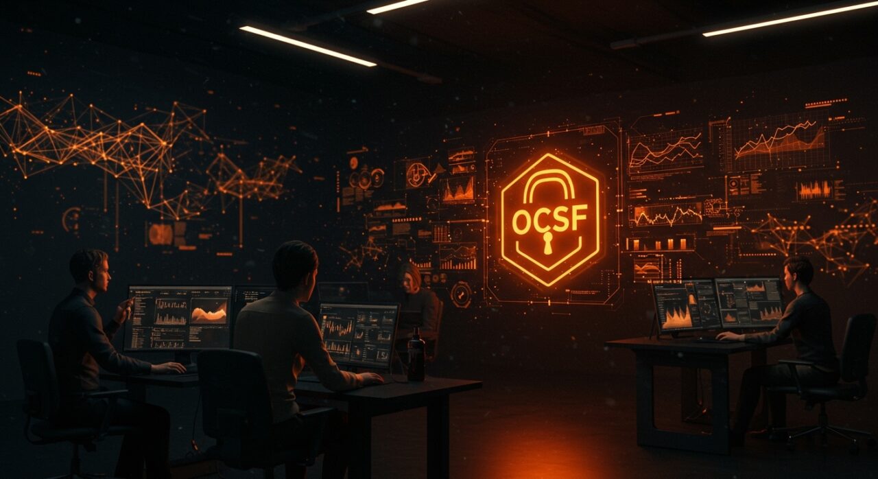 Equipo de startup tech analizando datos de seguridad con el estándar OCSF destacado, simbolizando la seguridad informática y la IA aplicada.