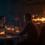 Equipo startup trabajando con interfaz digital que muestra datos de ciberseguridad y estándar OCSF, representando seguridad informática e inteligencia artificial.