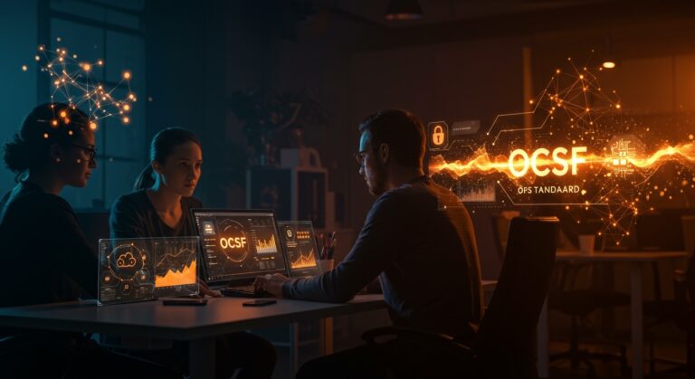 Equipo startup trabajando con interfaz digital que muestra datos de ciberseguridad y estándar OCSF, representando seguridad informática e inteligencia artificial.